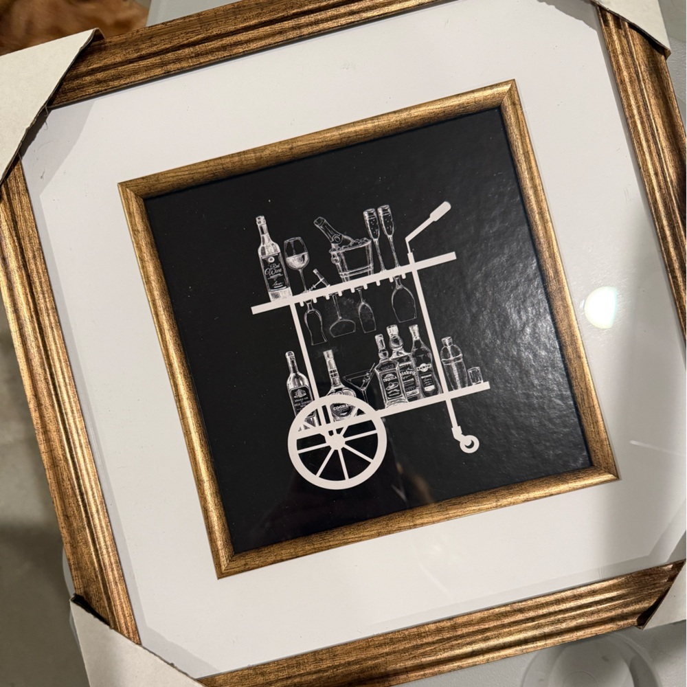 Framed Black & White Bar Cart Art Print with Gold Frame